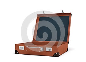 3d rendering of an open brown retro suitcase revealed to hold nothing.