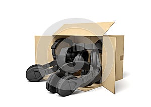 3d rendering of open cardboard box lying sidelong with black headphones inside.