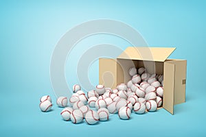 3d rendering of open cardboard box lying sidelong full of baseballs with some balls on floor.