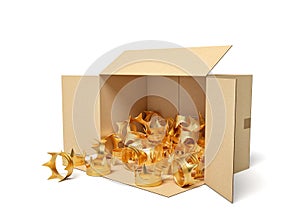 3d rendering of open cardboard box lying sidelong full of golden crowns.