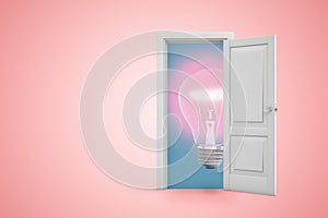3d rendering of open door on pink gradient background and big lit electric bulb in doorway.