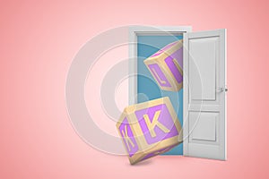 3d rendering of open door on pink gradient copyspace background and two big ABC blocks flying from doorway.