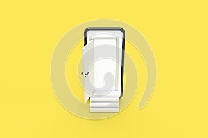 3D Rendering Open Door from Smart Phone Screen with Stairs on Colored Background