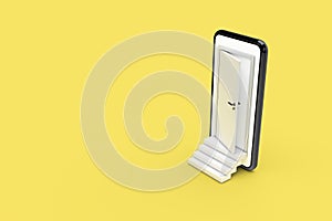 3D Rendering Open Door from Smart Phone Screen with Stairs on Colored Background