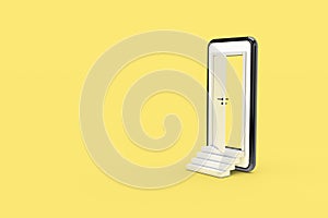 3D Rendering Open Door from Smart Phone Screen with Stairs on Colored Background