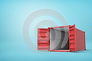 3d rendering of open empty red barge container with white insides on blue background.