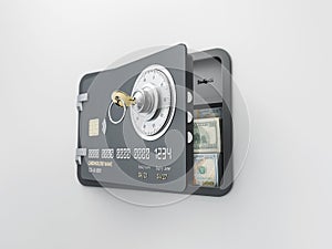 3d Rendering of Opened Credit Card with dollars banknotes, Card Protection concept