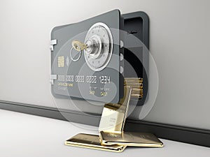 3d Rendering of Opened Credit Card with gold bars, Card Protection concept, clipping path included