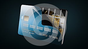 3d Rendering of Opened Credit Card with gold bars, Card Protection concept, clipping path included