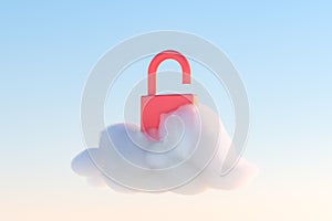 3D rendering of opened lock in fluffy cloud. Cloud security concept