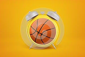 3d rendering of orange basketball ball shaped as alarm clock on yellow background
