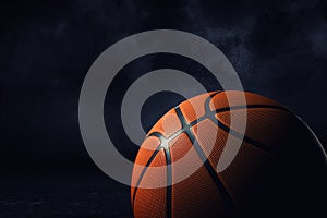 3d rendering of an orange basketball ball shown in close view in high definition on a dark background.