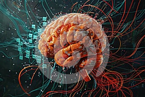 3D rendering of an orange brain with circuit board pattern and binary code