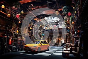 3d rendering of an orange car in a cafe in the city. An imaginative image of a car hidden beneath a tunnel, AI Generated