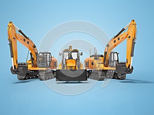 3D rendering orange construction machinery multifunction tractor and crawler excavator on blue background with shadow