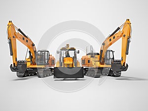 3D rendering orange construction machinery multifunction tractor and crawler excavator on gray background with shadow