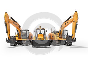 3D rendering orange construction machinery multifunction tractor and crawler excavator on white background with shadow