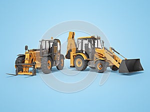 3D rendering orange construction machinery multifunction tractor and telescopic excavator on blue background with shadow