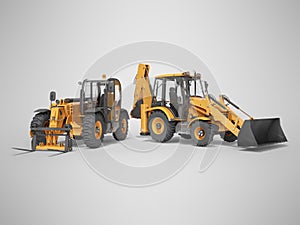 3D rendering orange construction machinery multifunction tractor and telescopic excavator on gray background with shadow