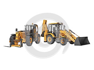 3D rendering orange construction machinery multifunction tractor and telescopic excavator on white background no shadow