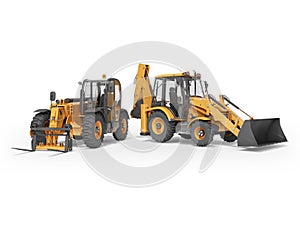 3D rendering orange construction machinery multifunction tractor and telescopic excavator on white background with shadow
