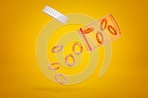 3d rendering of orange lifebuoy rings falling from a plastic jar on yellow background