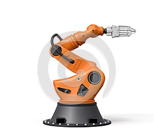 3d rendering of orange robotic arm with grey gripper standing on white background.