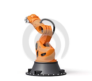 3d rendering of orange robotic arm with grey gripper standing on white background.