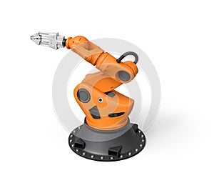 3d rendering of orange robotic arm with grey gripper standing on white background.