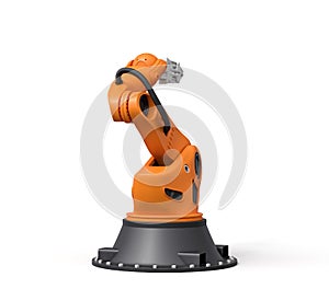 3d rendering of orange robotic arm with grey gripper standing on white background.