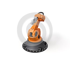 3d rendering of orange robotic arm with grey gripper standing on white background.