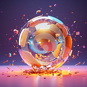 3d rendering of an orange sphere with confetti falling from it