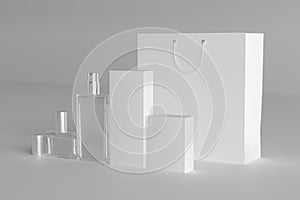 3D rendering of packaging for perfumes of different volumes and package blank template with place for design
