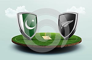 3D rendering of Pakistan vs New Zealand cricket flags with shield on Cricket stadium