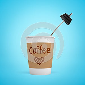 3d rendering of paper coffee cup with metal training bar-bell inside on blue background