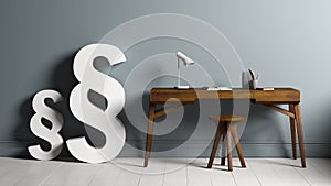 3D rendering of paragraph symbols standing besides a desk