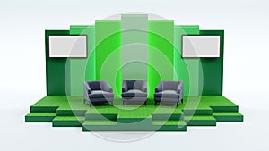 3d rendering of pastel light stage and green gradation backdrop with led tv and modern sofa for event, talk, interview and