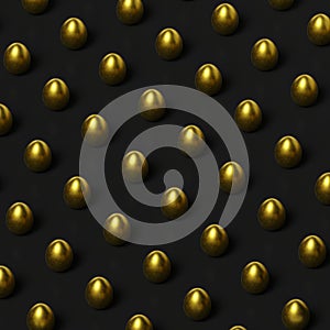 3d rendering, pattern of golden eggs on a black background. Minimal nutrition concept. 3d image, banner