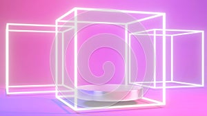 3d rendering of pedestal on colorful purple and pink neon light background, square frame, cylinder, abstract