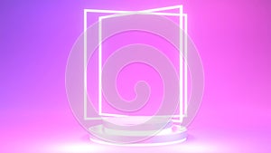 3d rendering of pedestal on colorful purple and pink neon light background, square frame, cylinder, abstract minimal concept,