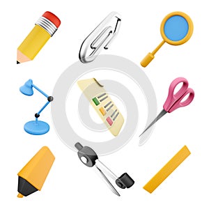 3d rendering pencil, paper clip, blue lamp, exam paper, yellow marker, compass, ruler, lupa and scissors icon set. 3d