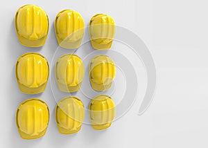 3d rendering. Perspective view of A group of safety helmet hat hanging on copy space gray wall background