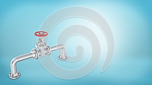 3d rendering of a piece of a curved chrome pipe with a red round wheel valve on blue background.