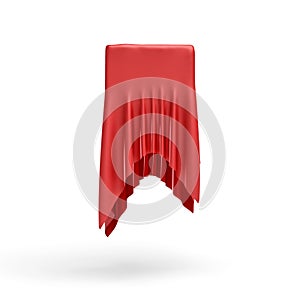 3d rendering of a piece of red satin clothes is hiding a box on the center on white background