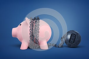 3d rendering of piggy bank chained with metal DEBT ball on blue background