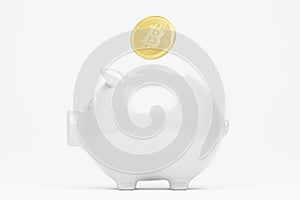 3D rendering piggy bank with gold Bitcoin, Cryptocurrency technology digital money investment advisor profit saving concept design