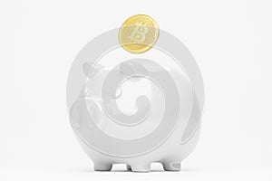 3D rendering piggy bank with gold Bitcoin, Cryptocurrency technology digital money investment advisor profit saving concept design