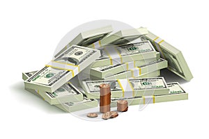 3D rendering of pile of 100 dollar banknote wads and coins on white background