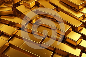 3d rendering of a pile of gold bars in golden metal background