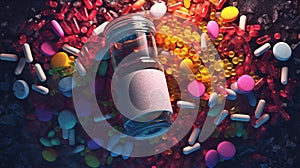 3D Rendering of pills spilling out of pill bottle on colorful background.